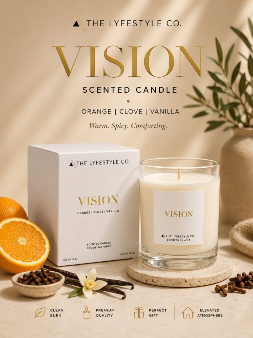 The Lyfestyle Co Vision 8 oz Candle Orange Clove Vanilla Luxury Candle N